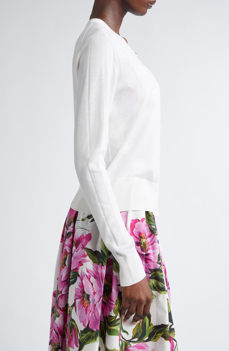 Dolce&Gabbana Floral Appliqué Silk Crewneck Cardigan, Alternate, color, Bianco Ottico