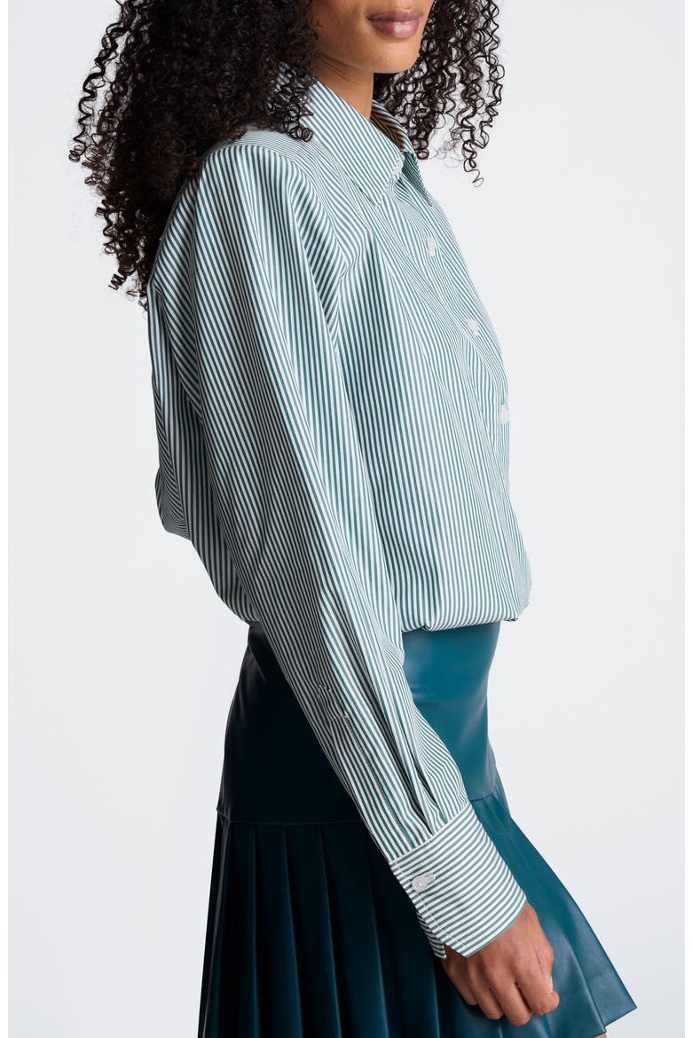 Striped Cropped Cotton Button Down Shirt, Alternate, color, PURE WHITE/ TEAL DUSK