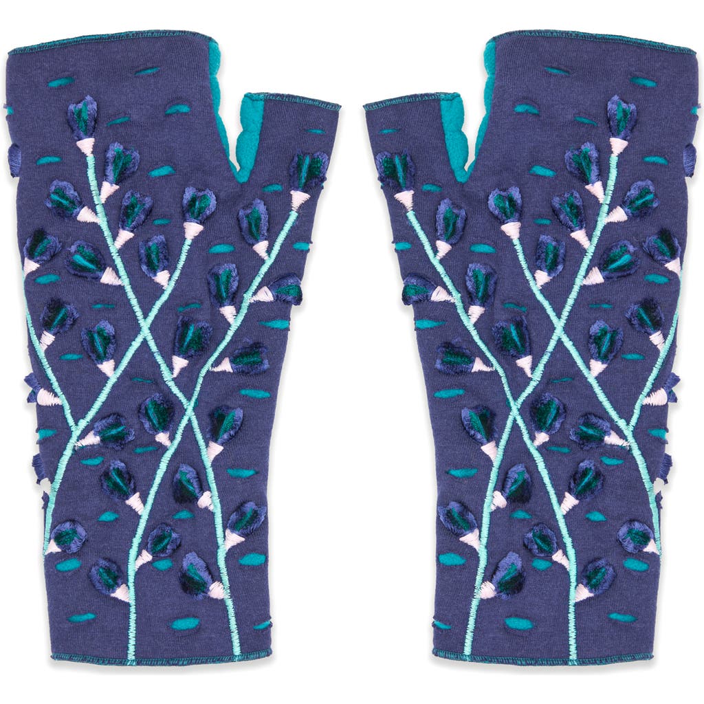 Feelgoodz Artisan Crafted Fleece Lined Azalea Fingerless Gloves In Blue