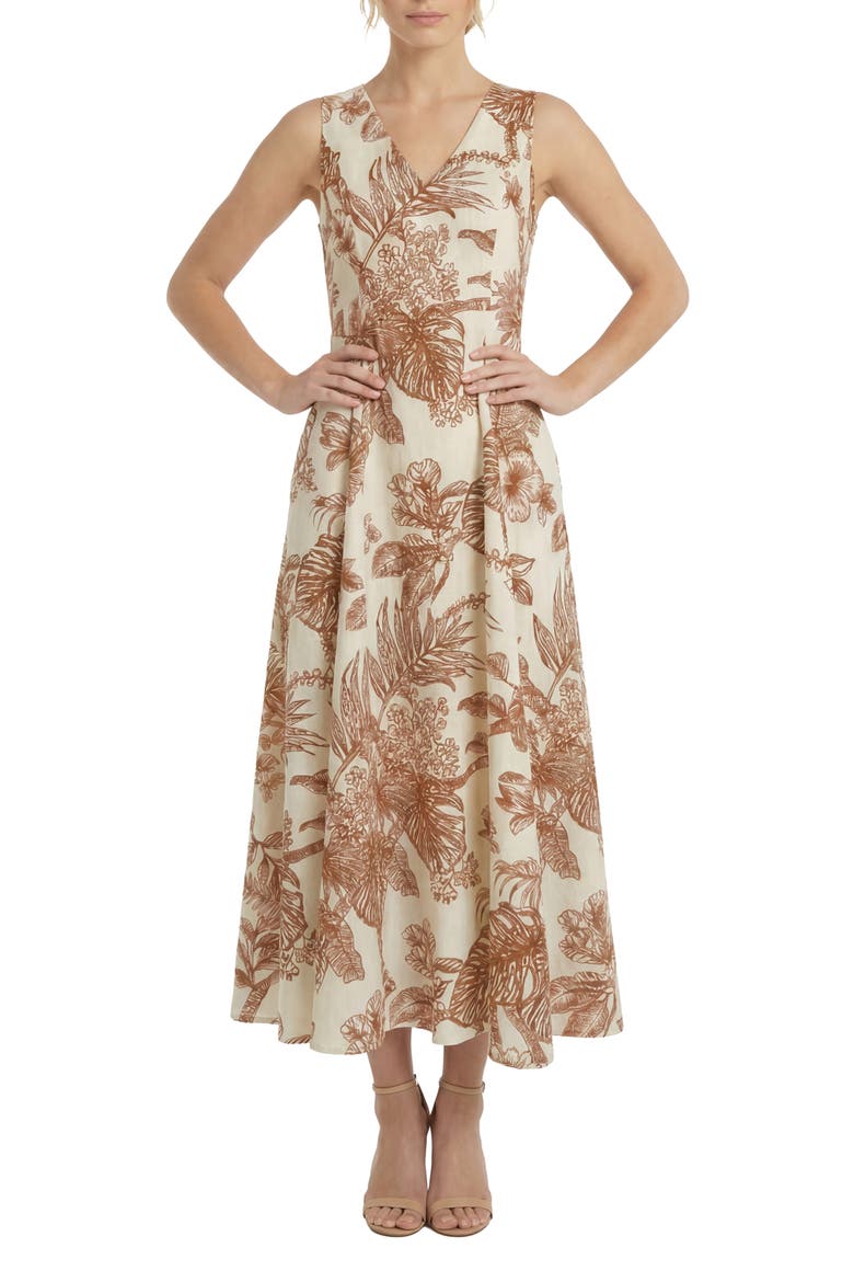 V-Neck Linen Blend Godet Midi Dress, Main, color, CREAM/ PICANTE