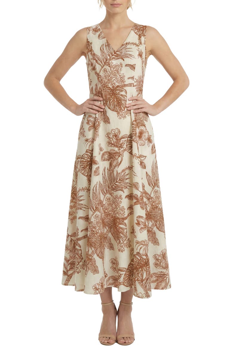London Times V-Neck Linen Blend Godet Midi Dress, Main, color, 