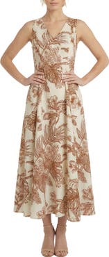 London Times V-Neck Linen Blend Godet Midi Dress