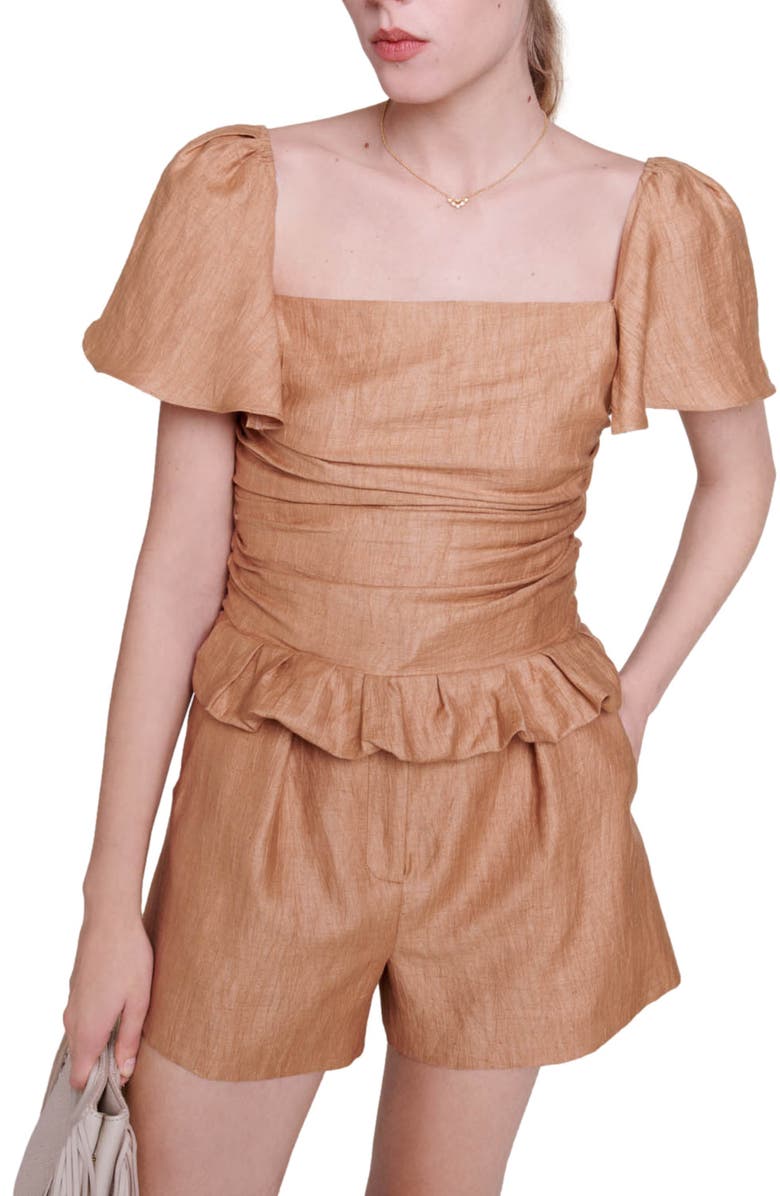 maje Lostan Smocked Ruffle Linen Blend Top, Alternate, color, 