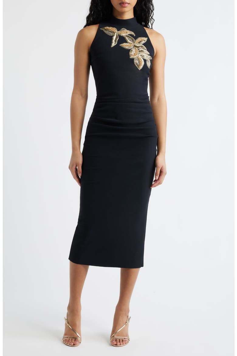 Nimby Beaded Floral Cocktail Midi Dress, Main, color, BLACK