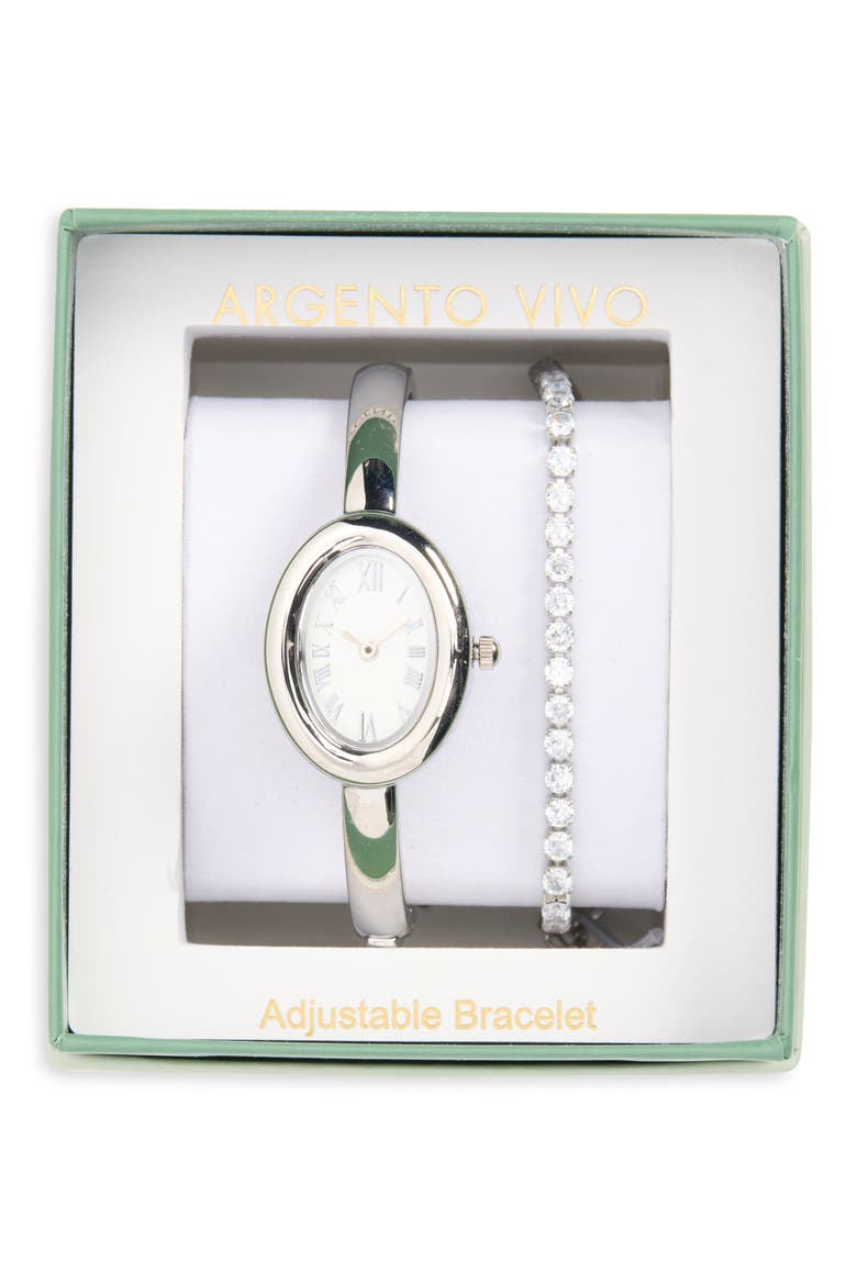 Oval Bangle Watch & Tennis Bracelet Set, Main, color, SILVER