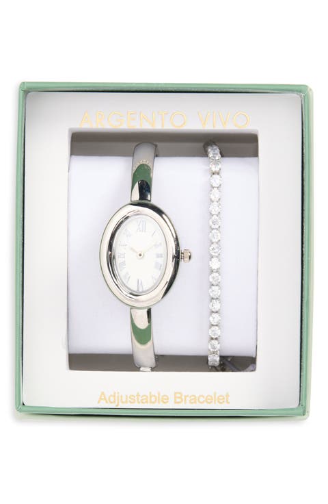 Oval Bangle Watch & Tennis Bracelet Set