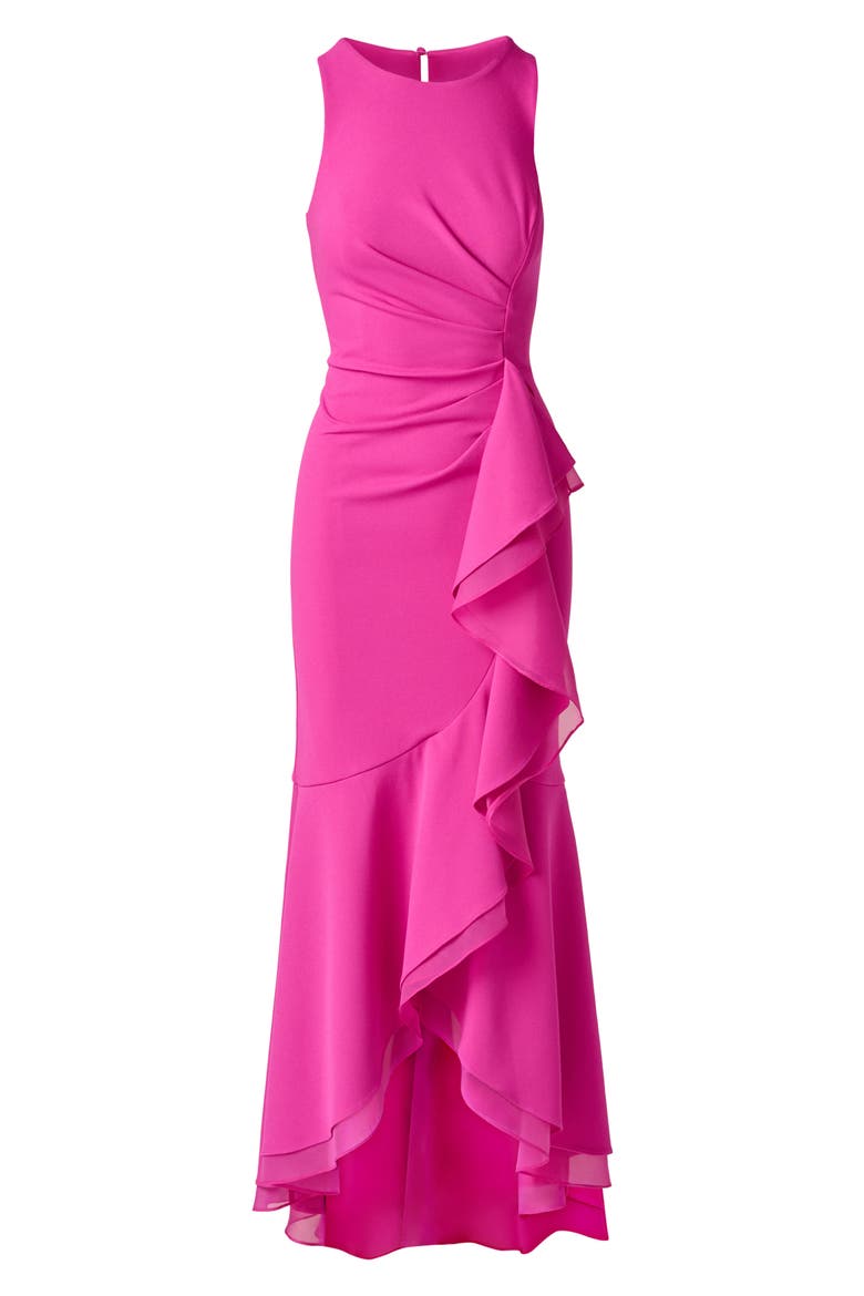 Ruffle Crepe Mermaid Gown, Alternate, color, RADIANT FUCHSIA