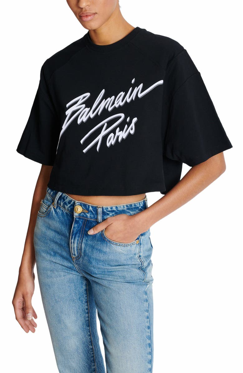 Balmain Cropped T-Shirt With Flocked Balmain Letter Logo, Alternate, color,