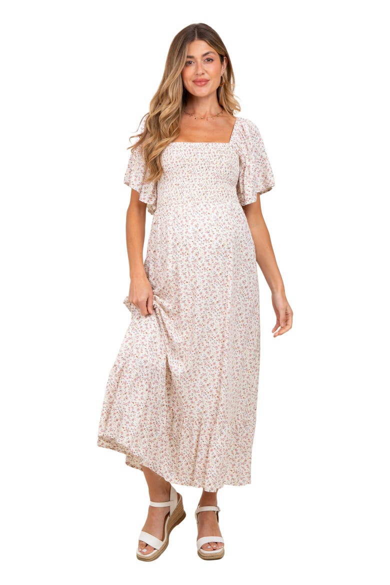 Ditsy Floral Smocked Midi Dress, Alternate, color, Cream