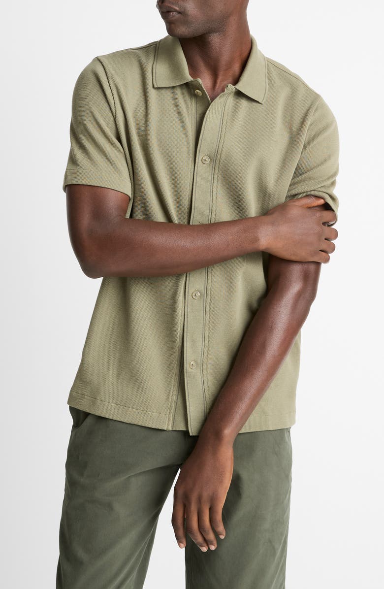 Vince Short Sleeve Jacquard Cotton Knit Button-Up Shirt, Main, color, Sage/ Sycamore