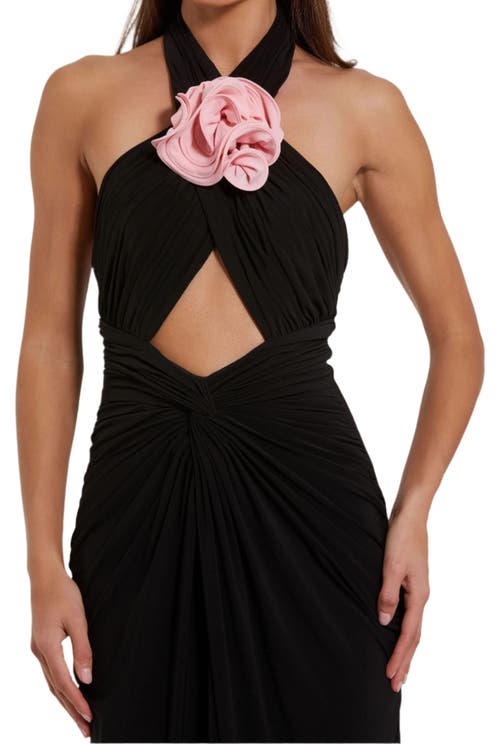 Mac Duggal Jersey Crossover Halter Neck Gown With 3d Flower In Black Pink