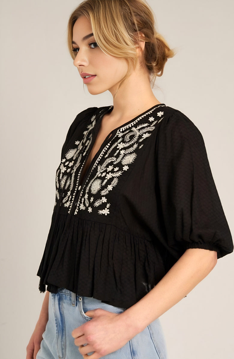 Knit and Lounge Boho Embroidered Peasant Blouse with Puff Sleeves, Alternate, color, Black