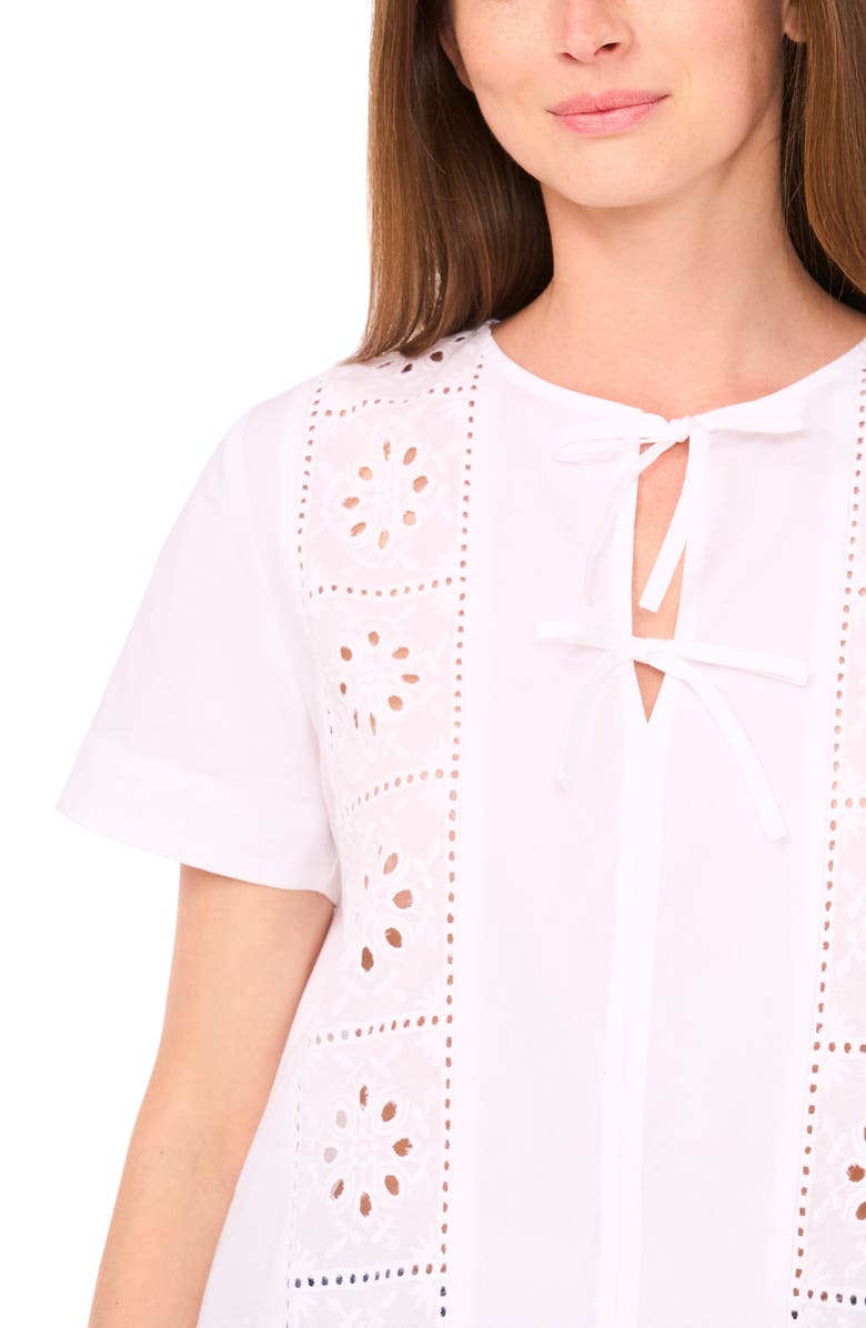 CeCe Eyelet Embroidered Tie Neck Cotton Top, Alternate, color, 