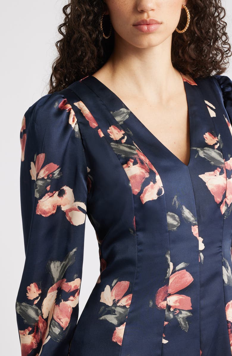 Chelsea28 Long Sleeve Satin Midi Dress, Alternate, color, Navy- Pink Morning Flower
