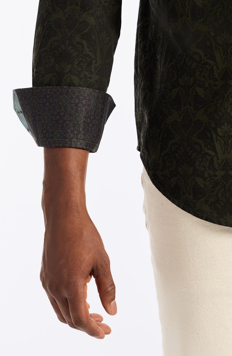 Robert Graham Highland Damask Pattern Stretch Cotton Button-Up Shirt, Alternate, color, Olive
