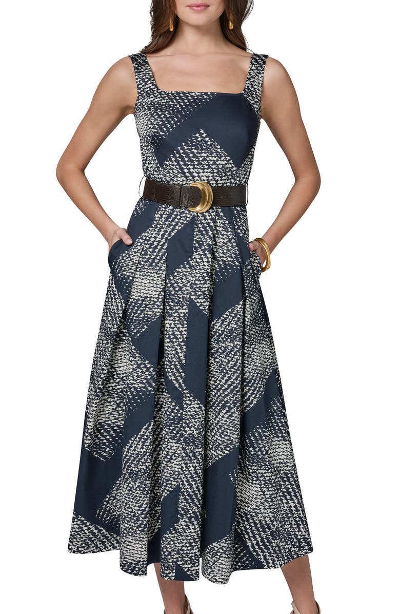 Donna Karan New York Abstract Print Belted Stretch Cotton Dress, Alternate, color, Nightfall/ Cream