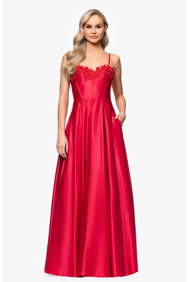 Floral Appliqué Lace-Up Satin Ballgown, Alternate, color, RED