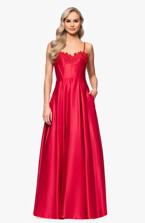 Blondie Nites Floral Appliqué Lace-up Satin Ballgown In Red