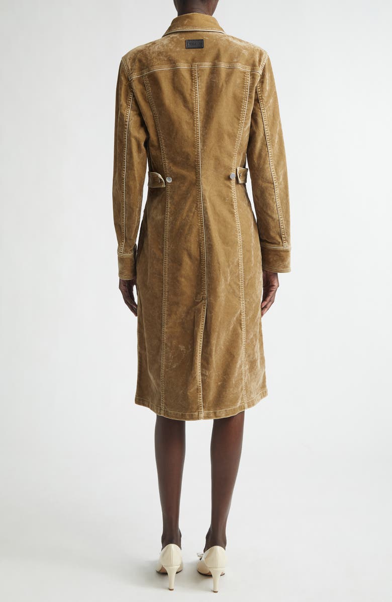 FERRAGAMO Distressed Long Sleeve Stretch Velveteen Trench Shirtdress, Alternate, color, Safari