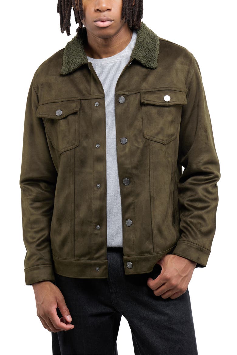 Faux Fur Collar Faux Suede Jacket, Main, color, OLIVE