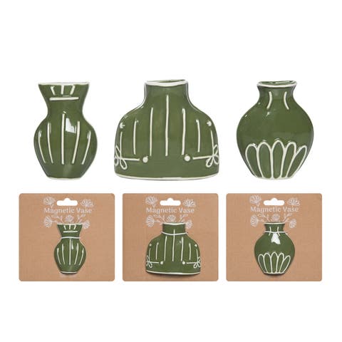 Dolomite Flat Magnetic Vases Set of 3 Green for Floral Display and Home Decor
