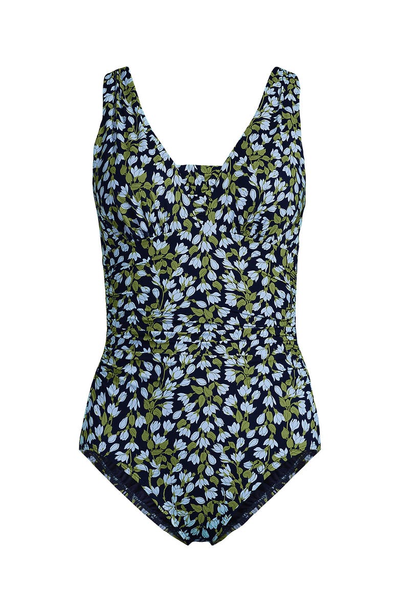 Lands' End D-Cup Slender Grecian Tummy Control Chlorine Resistant One Piece Swimsuit, Alternate, color, Navy Mini Bloom Floral