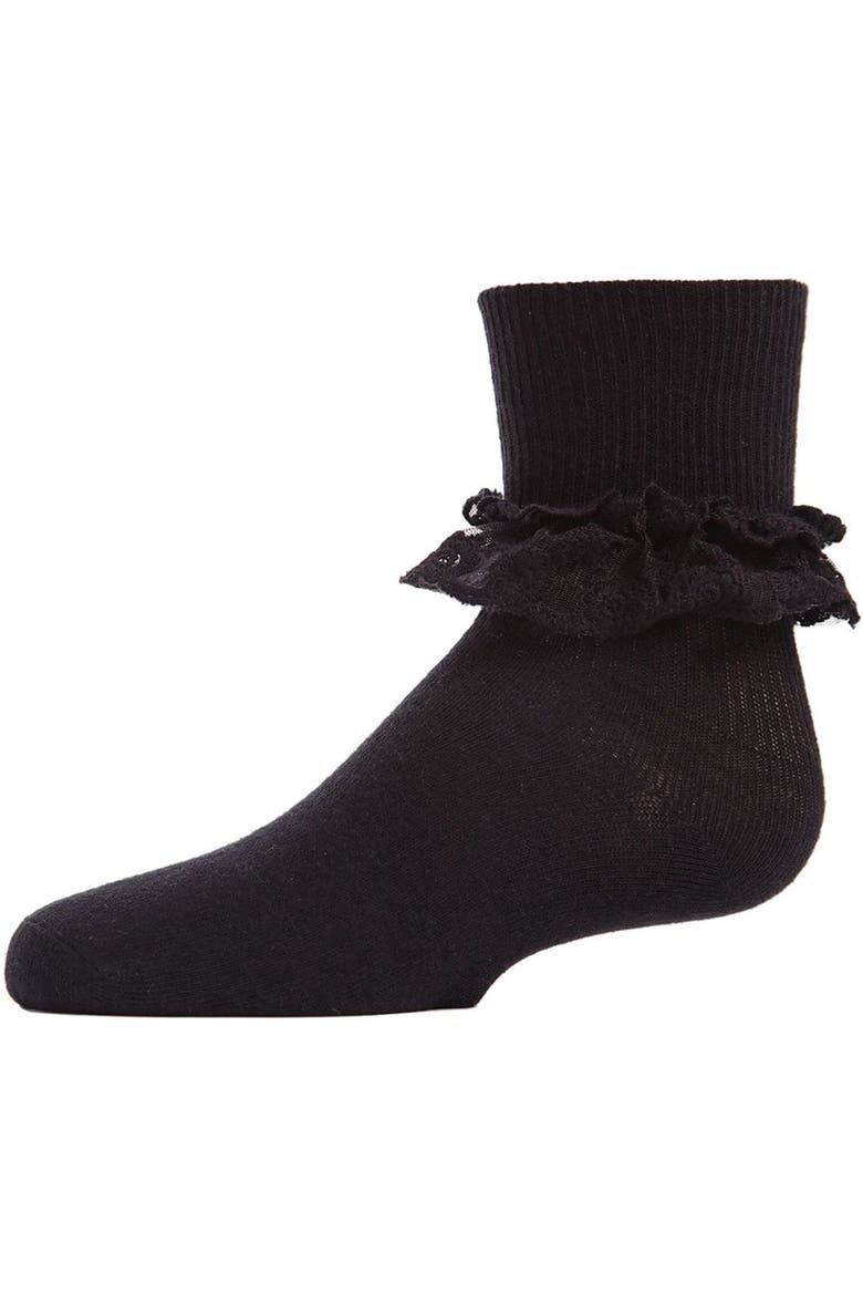 Layered-Lace Ruffle-Trim Ankle Sock, Main, color, Black