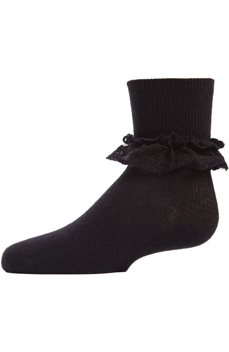 MeMoi Layered-Lace Ruffle-Trim Ankle Sock, Main, color, Black