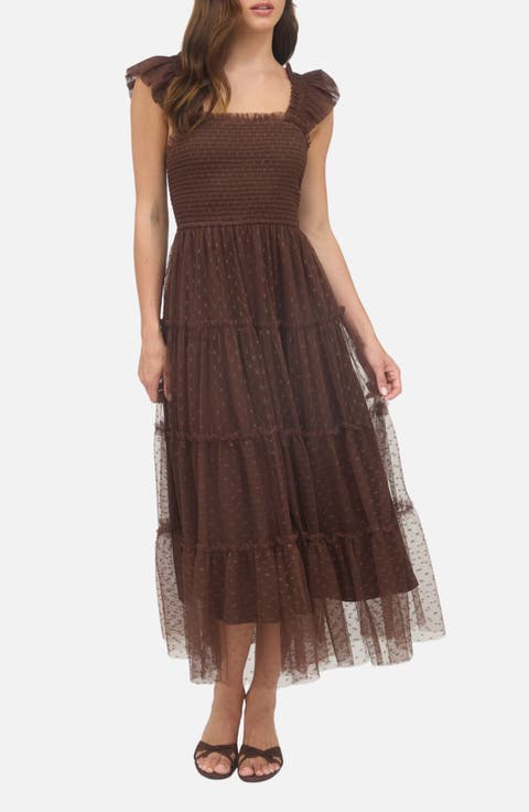 Mesh Smocked Tiered Midi Dress