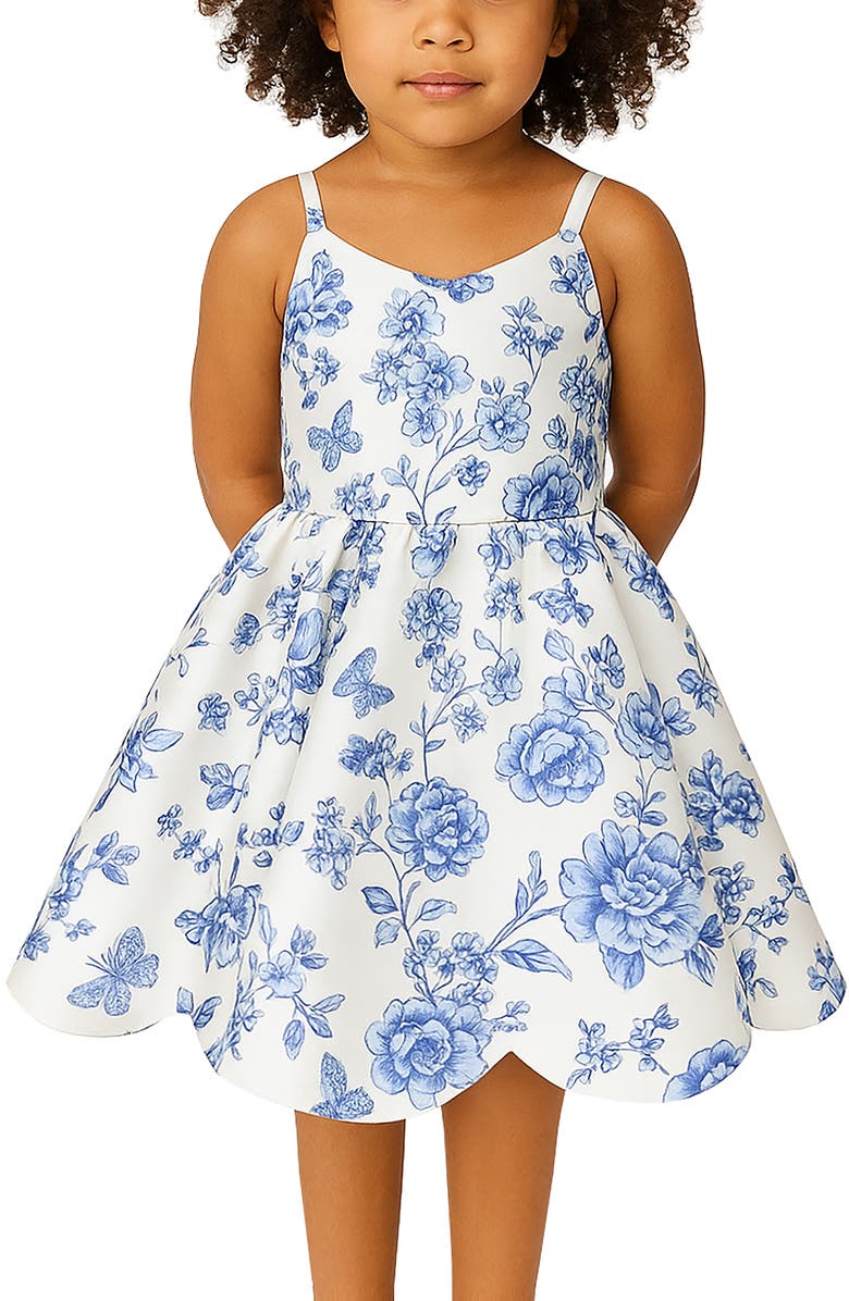 Zunie Kids' Mikado Floral Scallop Hem Dress, Alternate, color, Blue/ Ivory