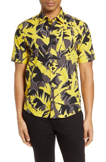 Hugo Boss Hugo Ermino Short Sleeve Button-down Shirt In Yellow