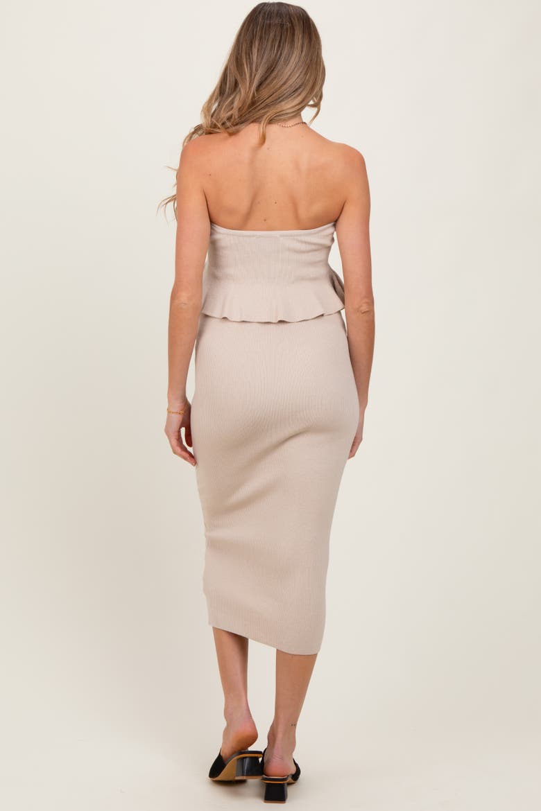 Strapless Ribbed Knit Peplum Top Midi Skirt Set, Alternate, color, Cream