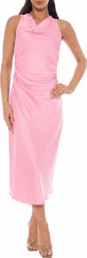 bebe Crepe Satin Cowl Neck Midi Dress