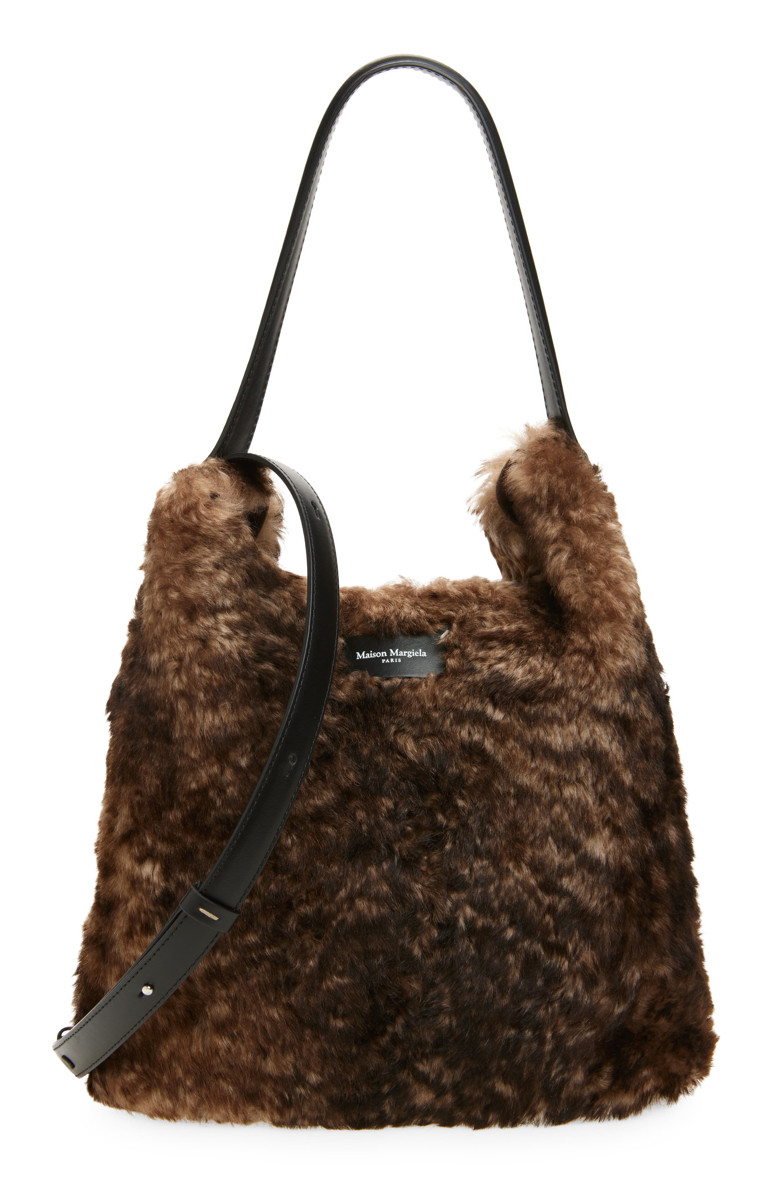 Maison Margiela Dress-age Leather 
Genuine Shearling Hobo Bag, Main, color, Bleached Brown/ Black