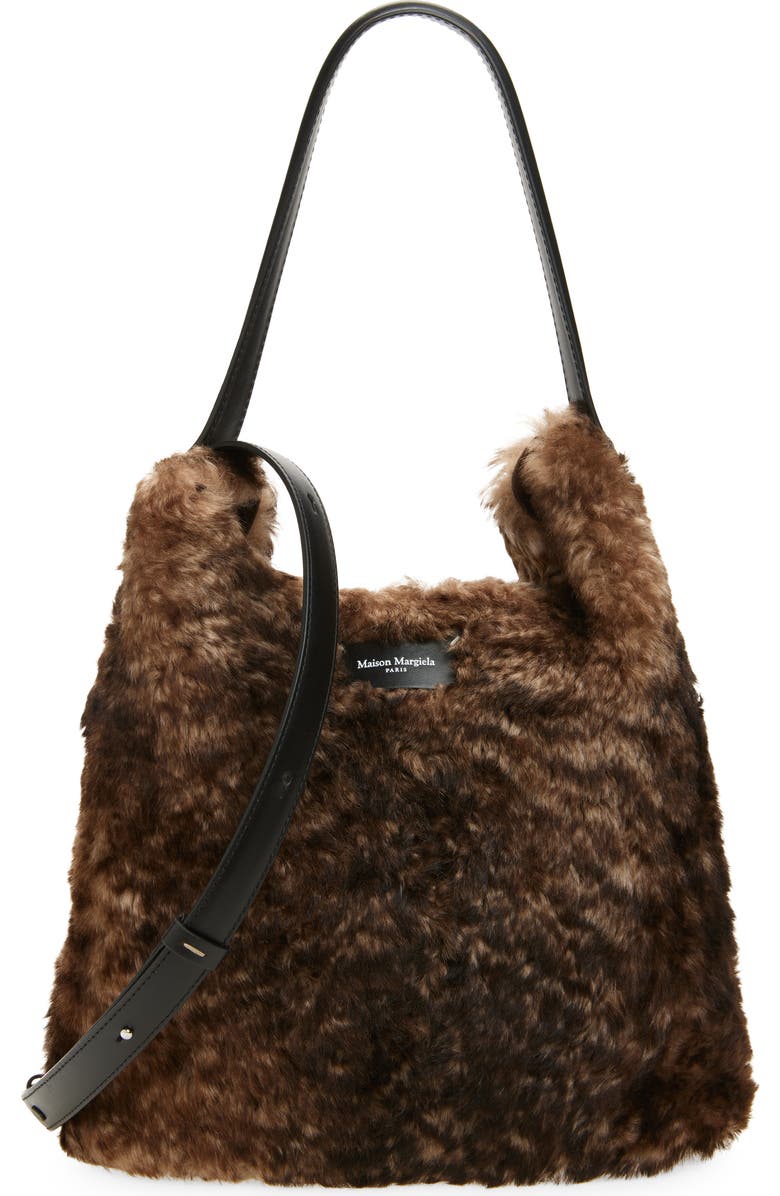 Maison Margiela Dress-age Leather & Genuine Shearling Hobo Bag, Main, color, Bleached Brown/ Black