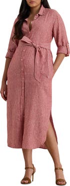 Lauren Ralph Lauren Stripe Long Sleeve Linen Shirtdress