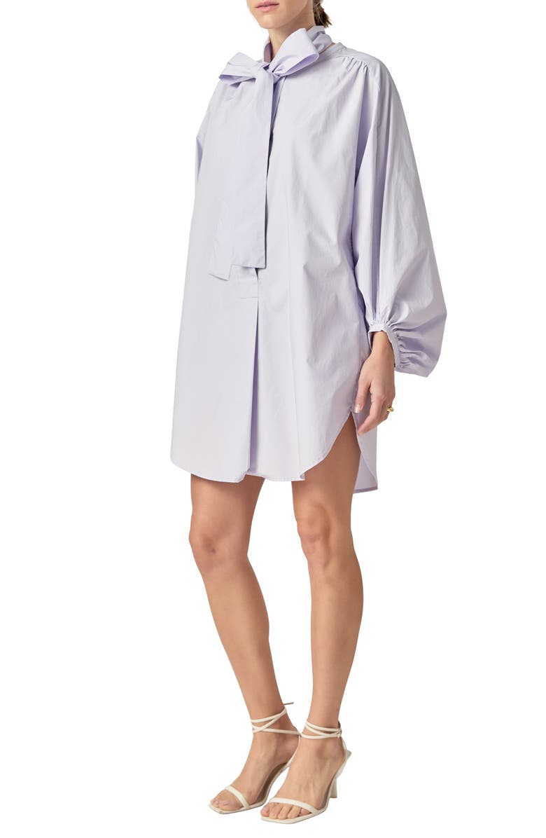 English Factory Billow Tie Neck Long Sleeve Poplin Shirtdress, Alternate, color, Lilac