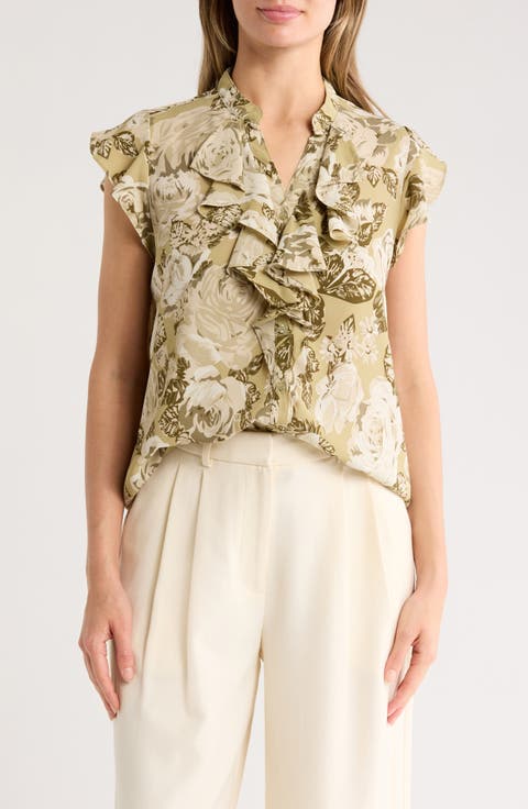 Ruffle Short Sleeve Button-Up Top