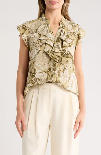 T Tahari Ruffle Cap Sleeve Button-up Top