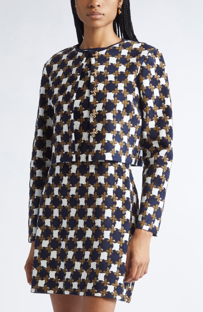 Oscar de la Renta Floral Geometric Jacquard Cardigan, Alternate, color, Cedar/ Navy/ Ivory