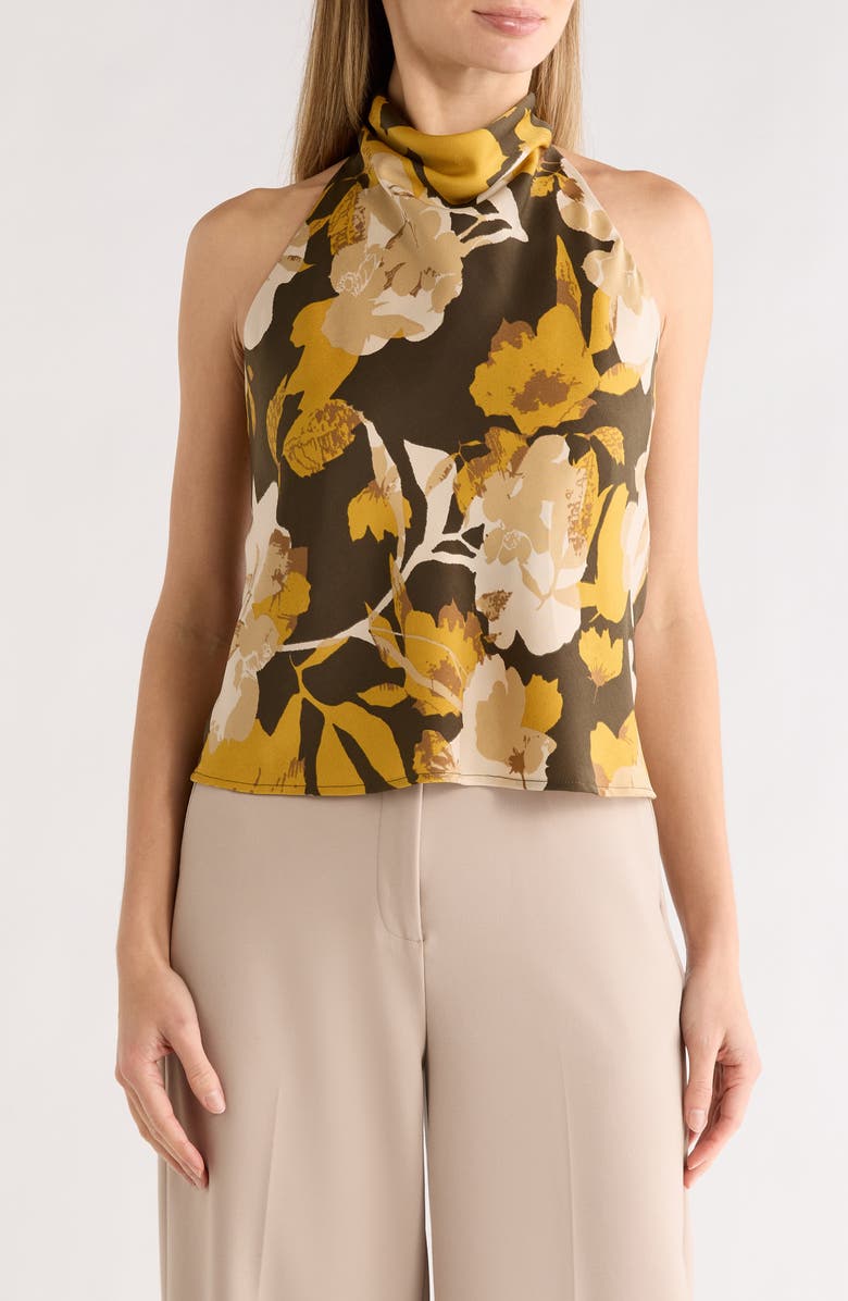 Renee C Floral Print Satin Halter Neck Top, Main, color, Olive