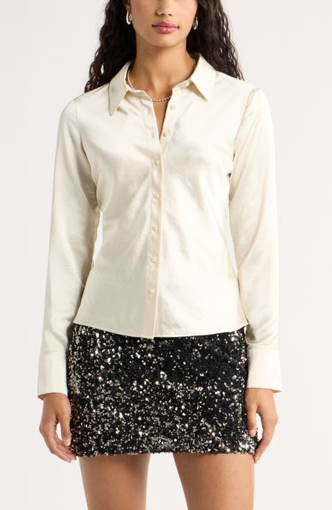 Fitted Satin Button-Up Shirt