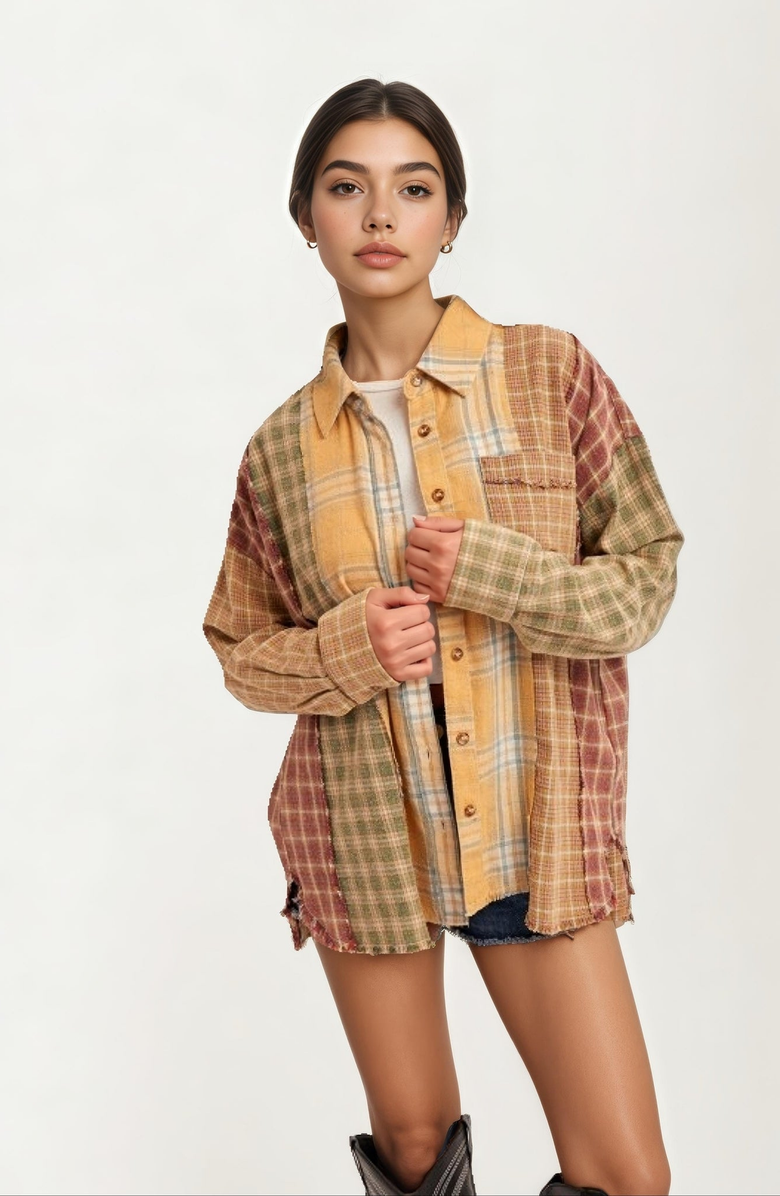 Knit and Lounge Patchwork Plaid Chest-Pocket Button-Down Shirt, Main, color, 