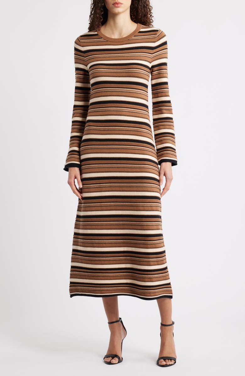 Elie Tahari The Cammie Stripe Long Sleeve Sweater Midi Dress, Main, color, Camel Beige Stripe