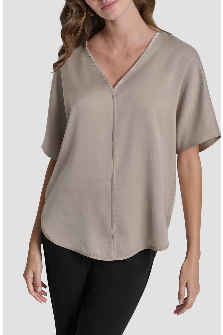 Short Sleeve Woven Top, Main, color, PEBBLE