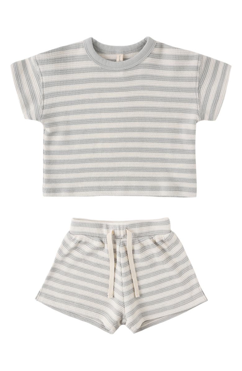 QUINCY MAE Stripe Waffle Tee & Shorts Set, Main, color, Sky