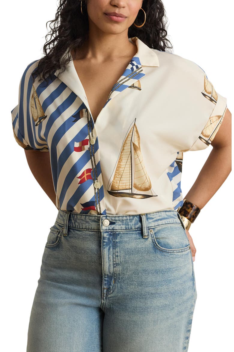 Stripe Sailboat Print Crêpe de Chine Camp Shirt, Main, color, CREAM/ MULTI