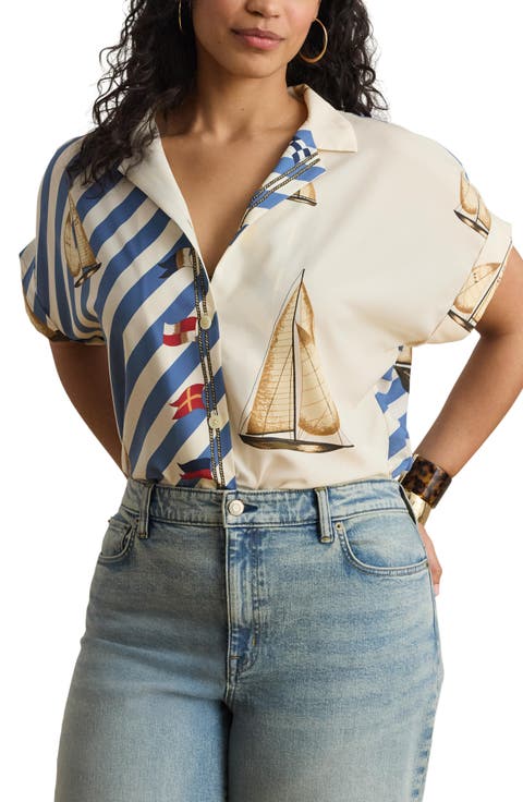 Stripe Sailboat Print Crêpe de Chine Camp Shirt (Plus)
