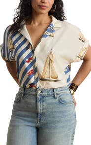 Lauren Ralph Lauren Stripe Sailboat Print Crêpe de Chine Camp Shirt