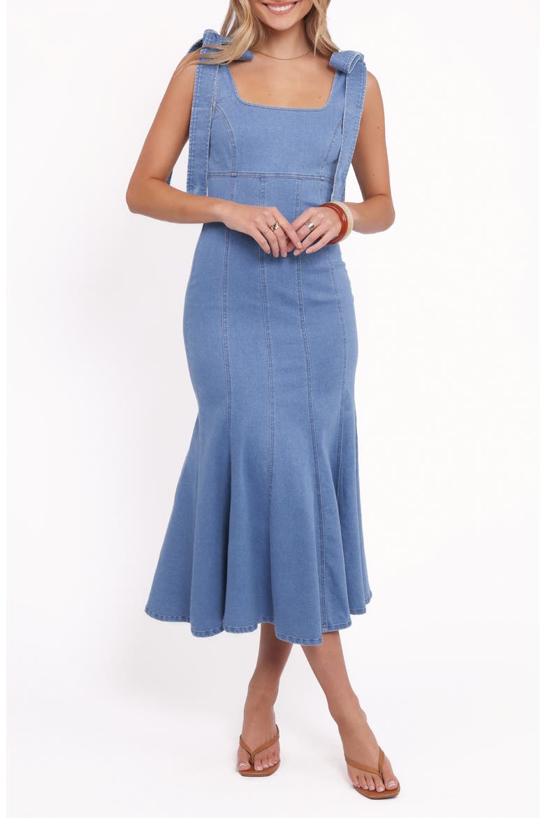 Eugenia Tie Strap Denim Midi Dress, Main, color, INDIGO DENIM